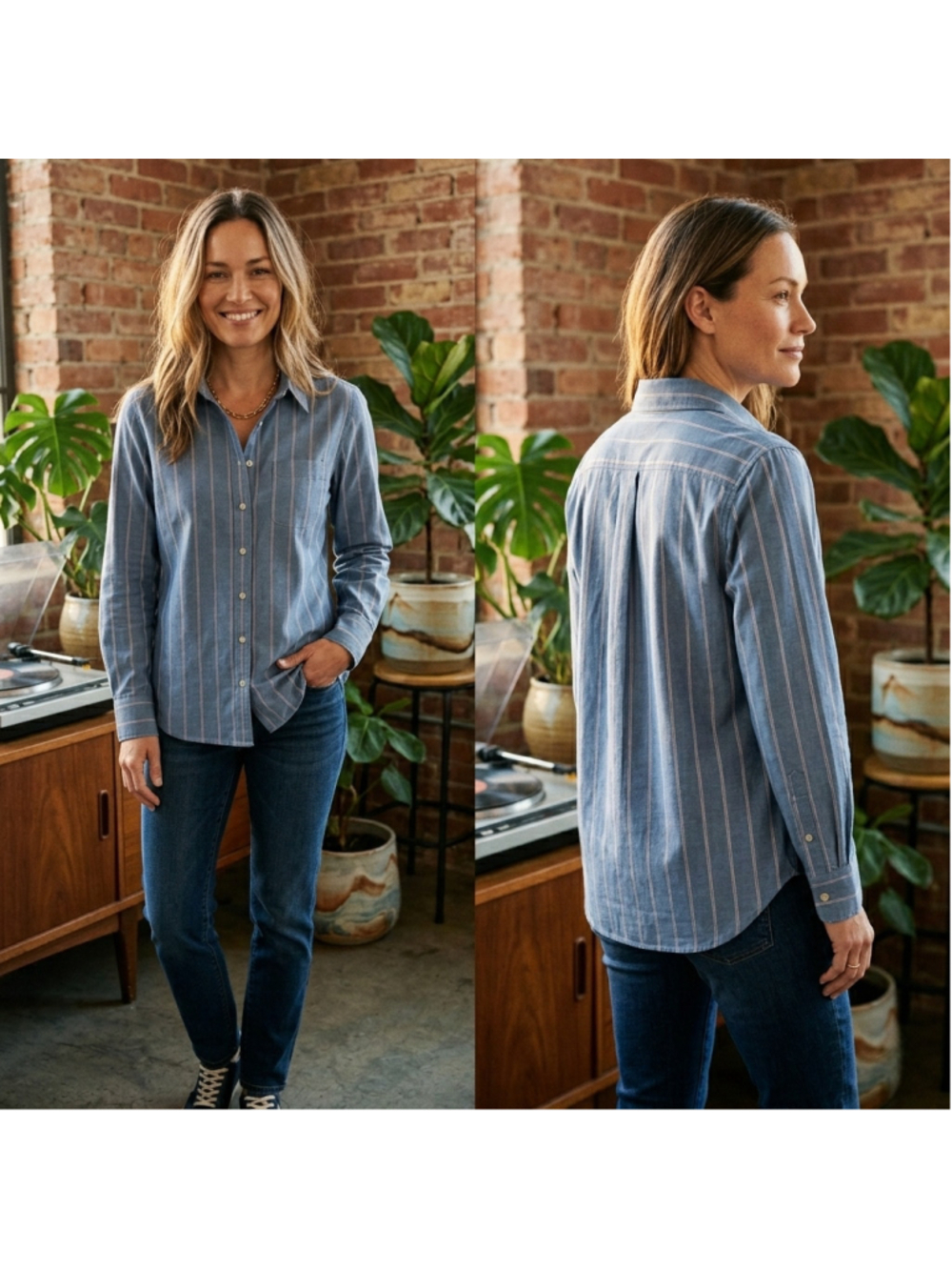 Beaufort & Blake Shirt Womens Medium Blue Red Stripe Long Sleeve Button Down